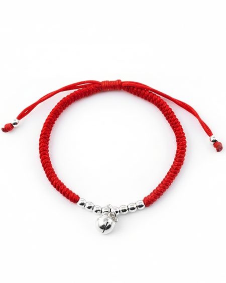 925 sterling silver bell red string bracelet with lucky charm design on white background