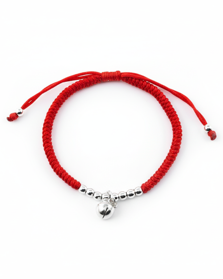 925 sterling silver bell red string bracelet with lucky charm design on white background