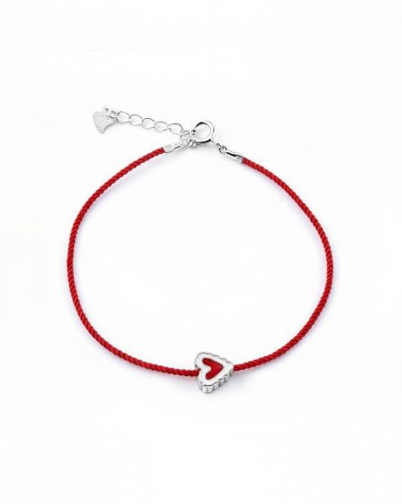 925 sterling silver heart red string bracelet with red resin charm on white background