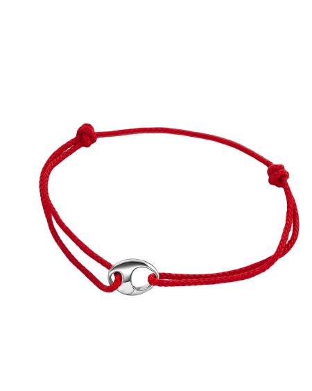 Minimalist red string bracelet with polished 925 sterling silver clasp on white background