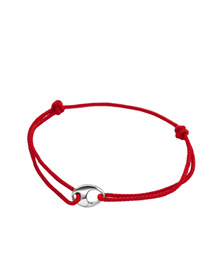 Minimalist red string bracelet with polished 925 sterling silver clasp on white background